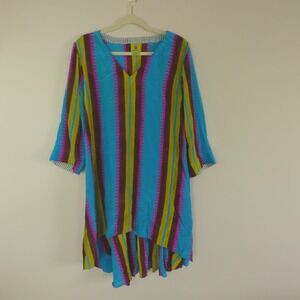J Catma Silk Tunic‎ Top Blue Multi Striped Anupamaa